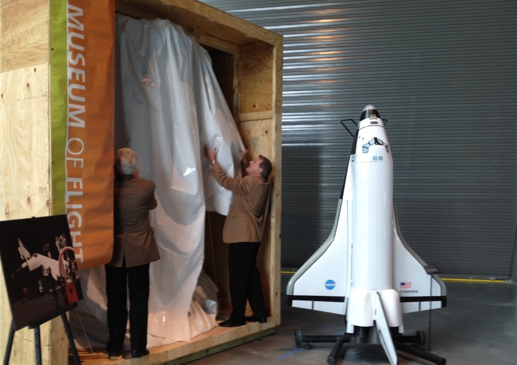 Museum of Flight president Doug King unveils Space Shuttle Main Engine mockup