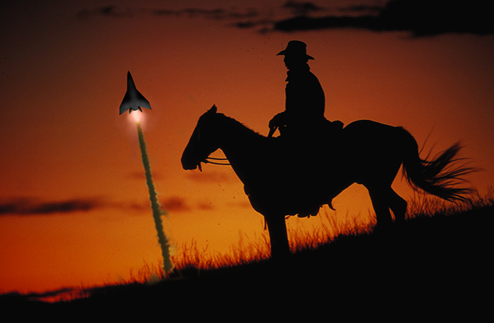 cowboy, horse, and spaceship